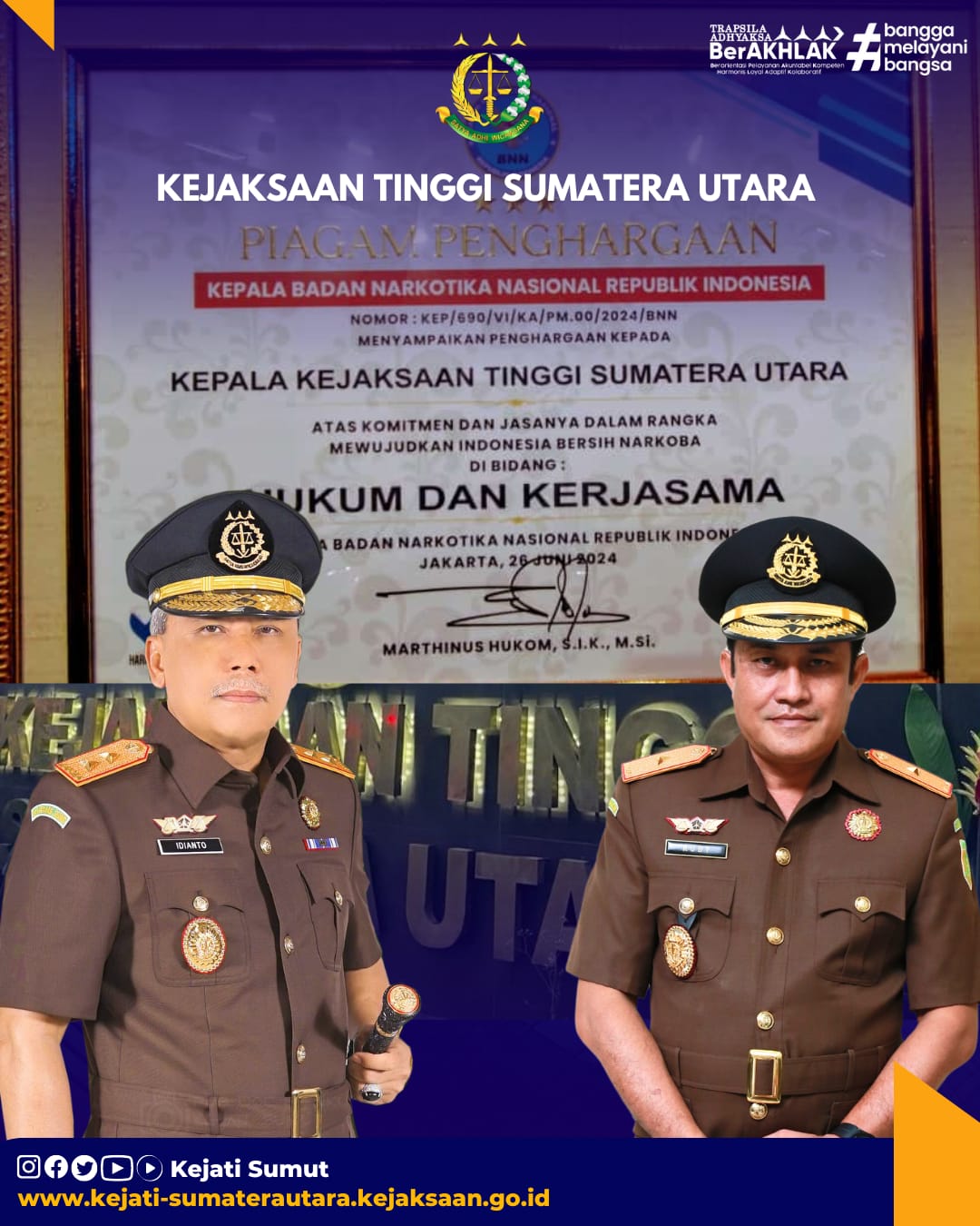 Kajati Sumut idianto Terima Penghargaan Komitmen dan Jasanya Wujudkan Indonesia Bersih Narkoba , Deempatbelas.com