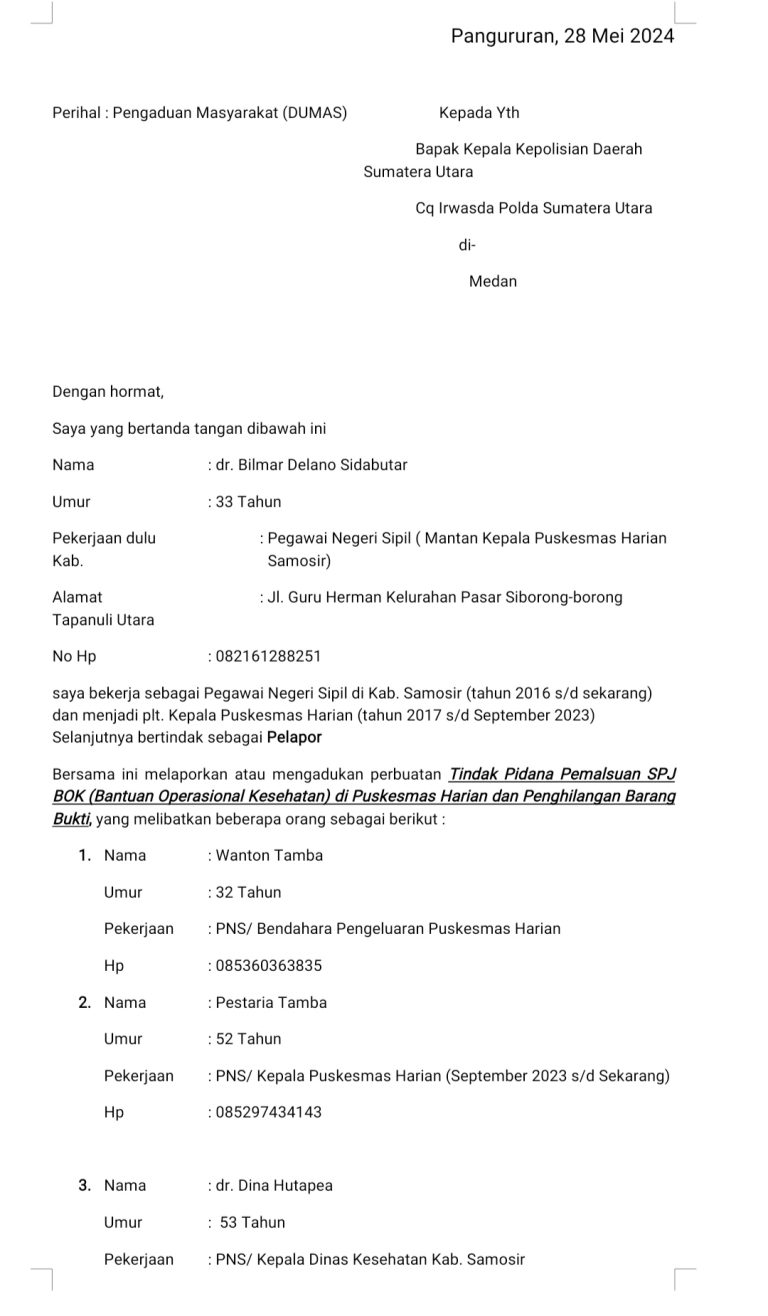 TIDAK ADA BUKTI PERTANGGUNGJAWABAN, RATUSAN JUTA DANA BOK PUSKESMAS HARIAN SAMOSIR DIDUGA DIKORUPSI DAN DILAPORKAN KE APH. TIDAK ADA BUKTI PERTANGGUNGJAWABAN, RATUSAN JUTA DANA BOK PUSKESMAS HARIAN SAMOSIR DIDUGA DIKORUPSI DAN DILAPORKAN KE APH.