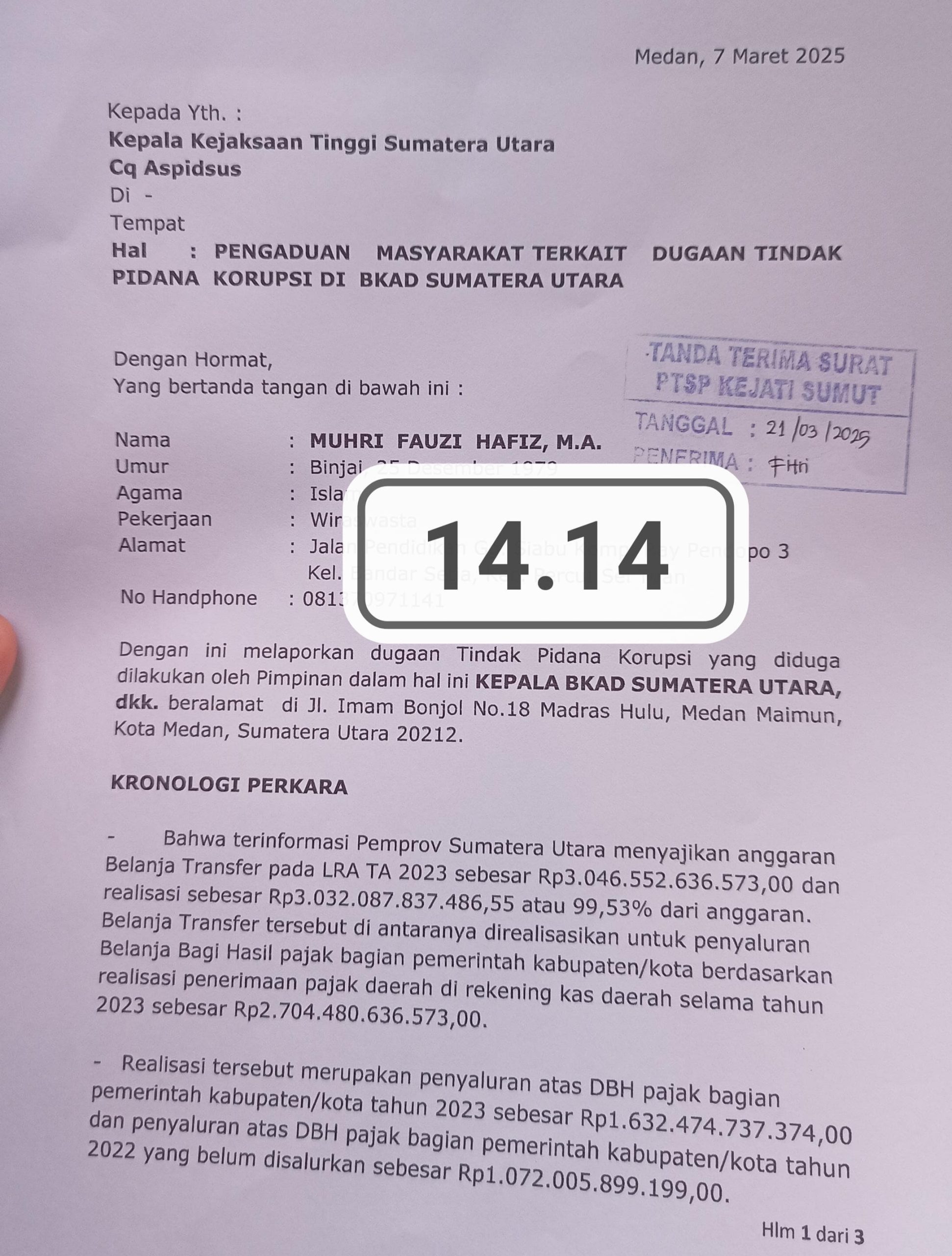Kepala BKAD Sumut di Laporkan Ke Kejatisu Terkait Penyaluran DBH 104 Miliar&nbsp;, Deempatbelas.com