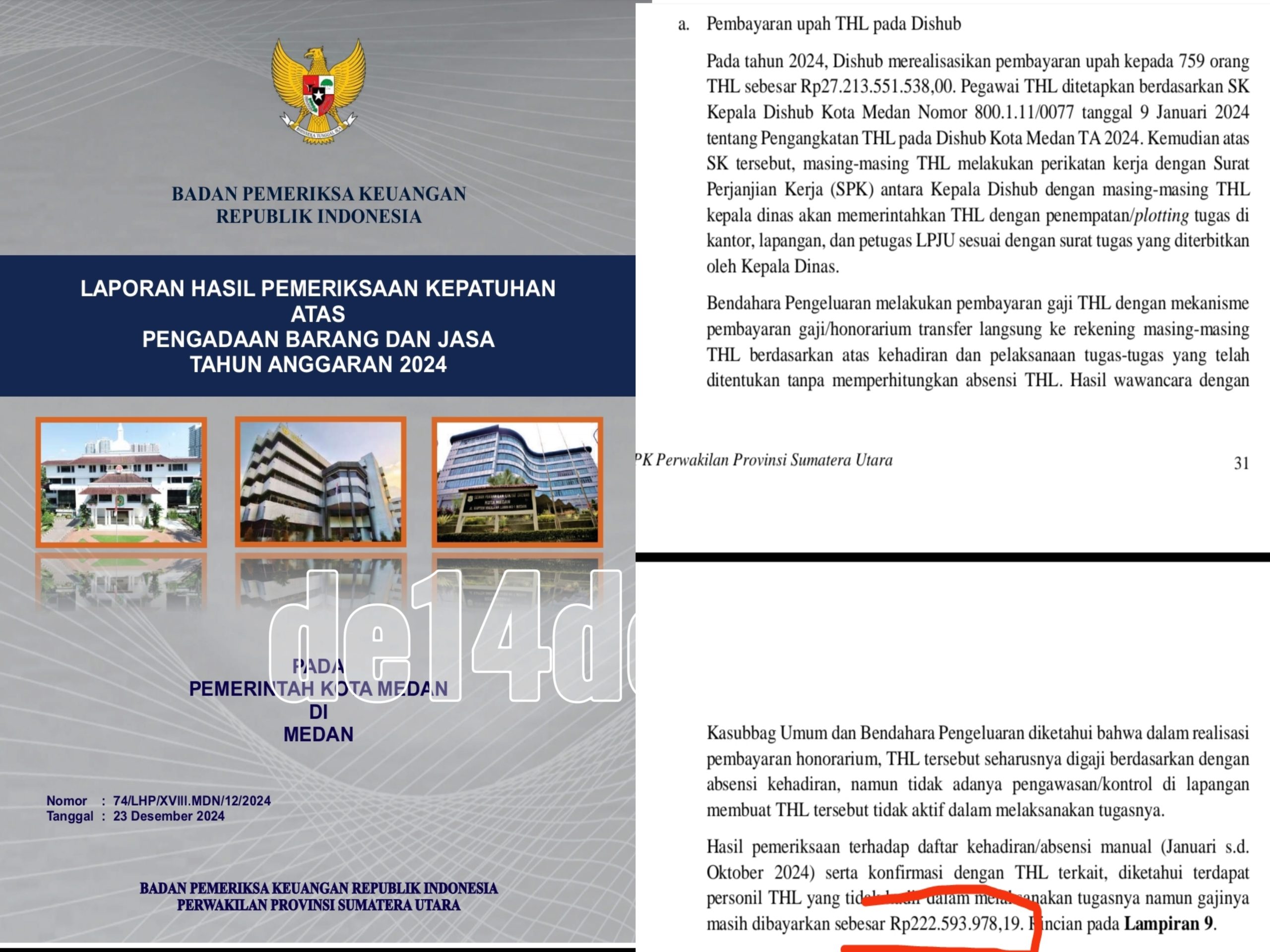 BPK Temukan Penyimpangan Pembayaran Upah Pegawai THL Dishub Medan Tahun 2024 Mencapai Ratusan Juta, Deempatbelas.com