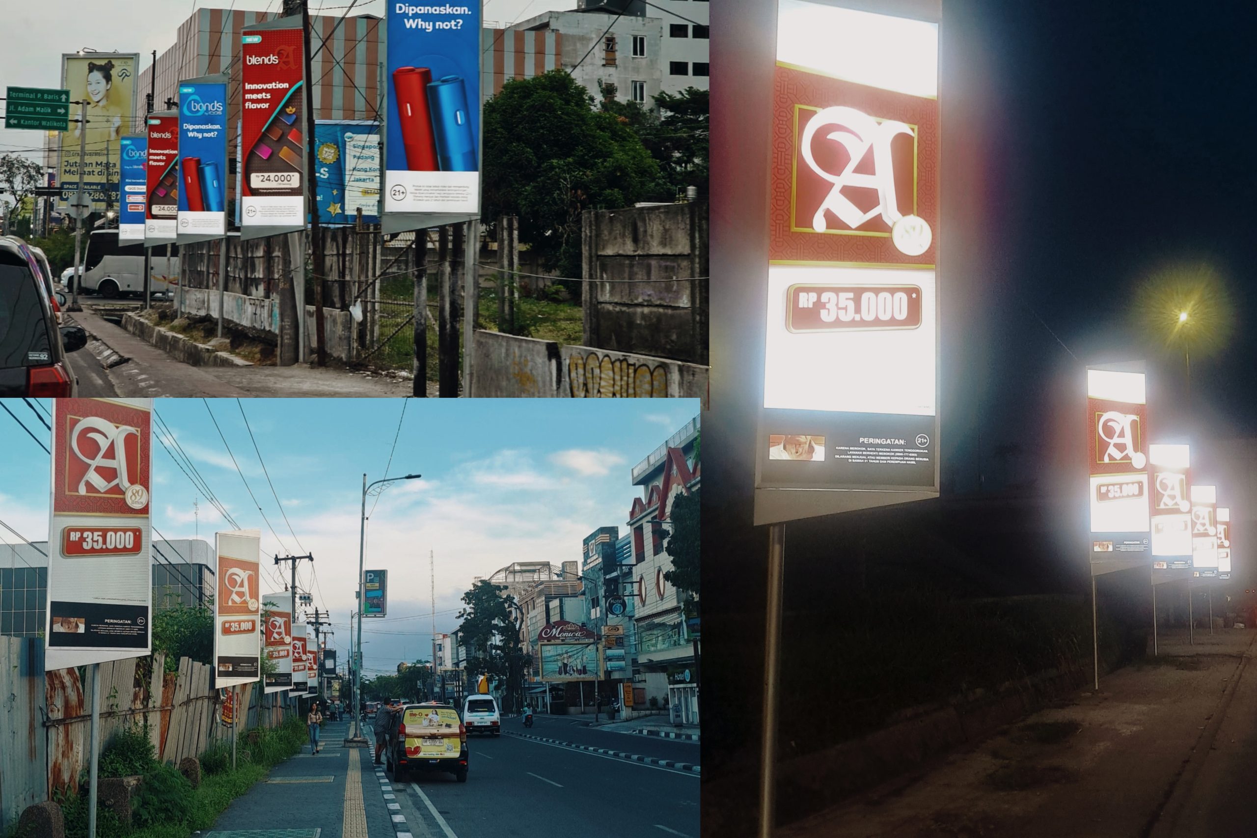 Pemko Medan Diminta Bongkar Puluhan Tiang Reklame Merek Rokok Ternama Berada Diatas Trotoar Diduga Langgar Perwal, Deempatbelas.com