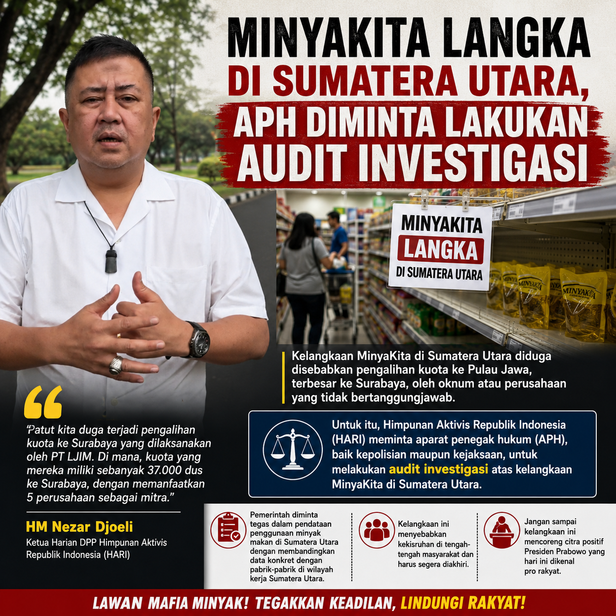 MinyaKita Langka di Sumatera Utara, APH Diminta Lakukan Audit Investigasi, Deempatbelas.com