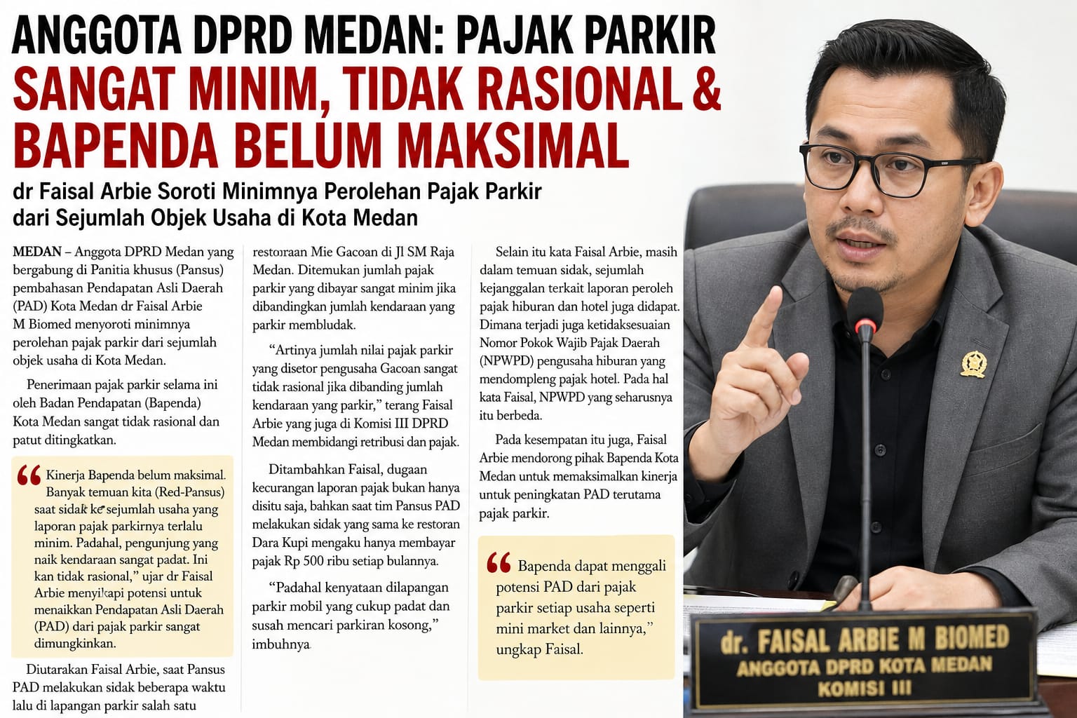 Pajak Parkir Medan Bocor: DPRD Medan Semprot Kinerja Bapenda, Setoran Dinilai Tak Masuk, Deempatbelas.com