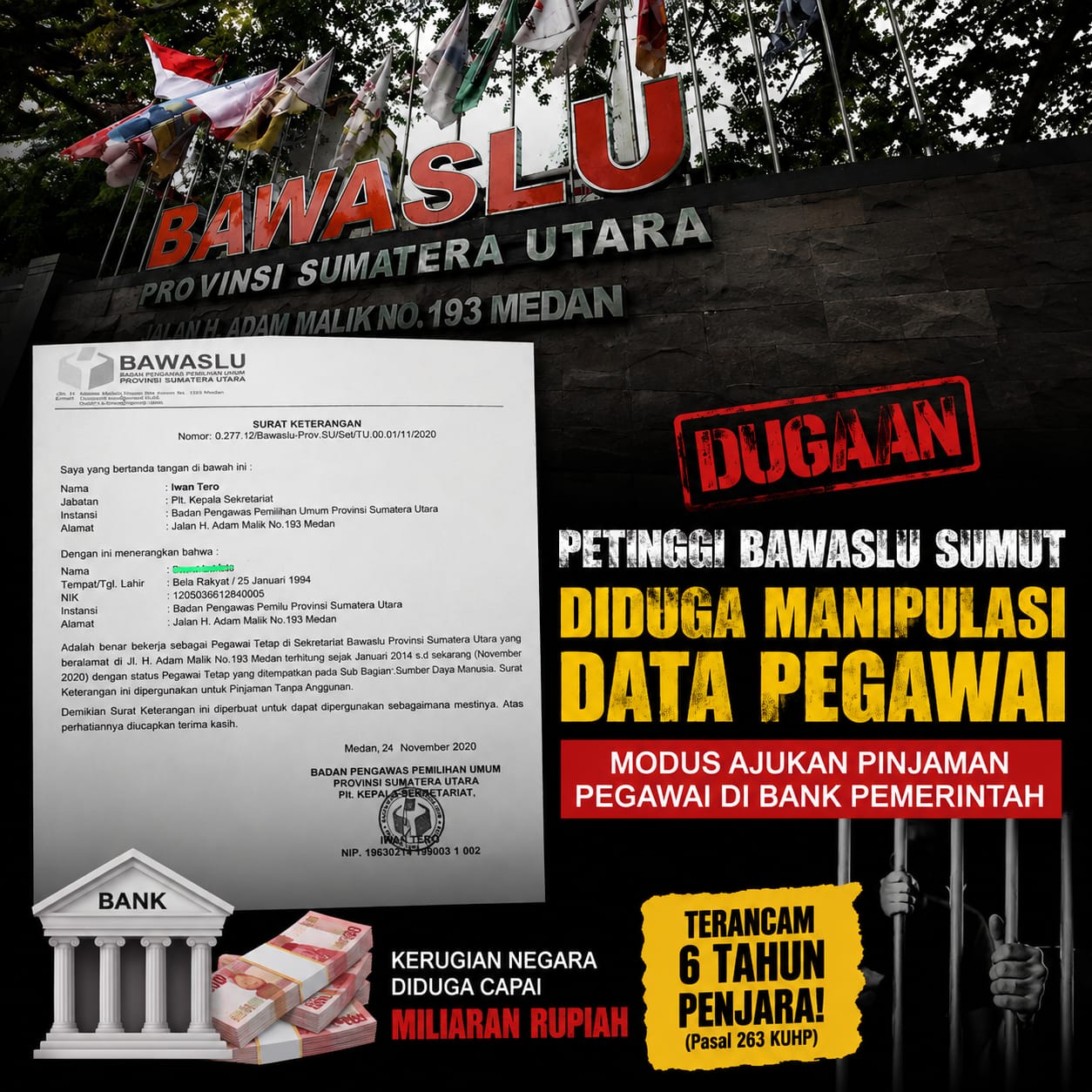 TERUNGKAP! OKNUM PETINGGI BAWASLU SUMUT DIDUGA MANIPULASI DATA PEGAWAI AJUKAN PINJAMAN BANK PEMERINTAH, NILAINYA CAPAI MILIARAN RUPIAH