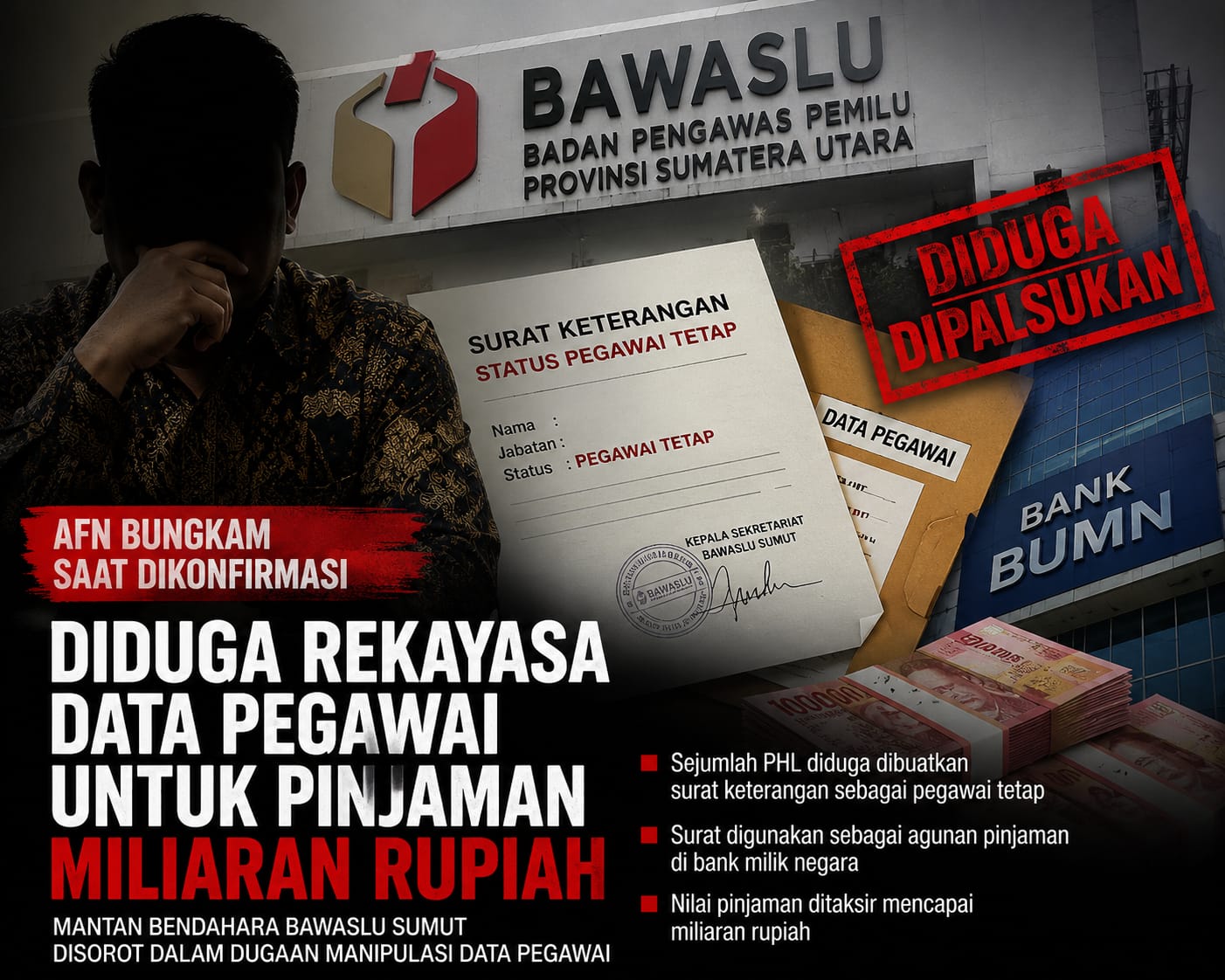 DIKONFIRMASI TERKAIT DUGAAN REKAYASA DATA PEGAWAI UNTUK PINJAMAN KE BANK, PEJABAT BAWASLU &QUOT;AFN&QUOT; BUNGKAM