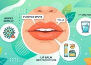 5 CARA AMPUH MENGATASI BINTIK PUTIH DI BIBIR SECARA ALAMI ILUSTRASI INFOGRAFIS TENTANG BINTIK PUTIH DI BIBIR (FORDYCE SPOTS, MILIA, HERPES SIMPLEX), HIDRASI, DAN PELINDUNG SPF BIBIR.