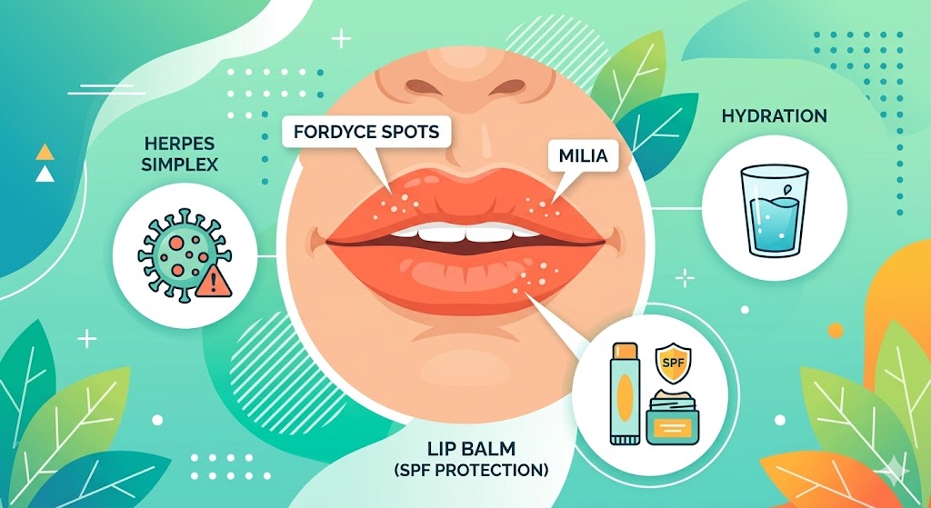 5 CARA AMPUH MENGATASI BINTIK PUTIH DI BIBIR SECARA ALAMI ILUSTRASI INFOGRAFIS TENTANG BINTIK PUTIH DI BIBIR (FORDYCE SPOTS, MILIA, HERPES SIMPLEX), HIDRASI, DAN PELINDUNG SPF BIBIR.