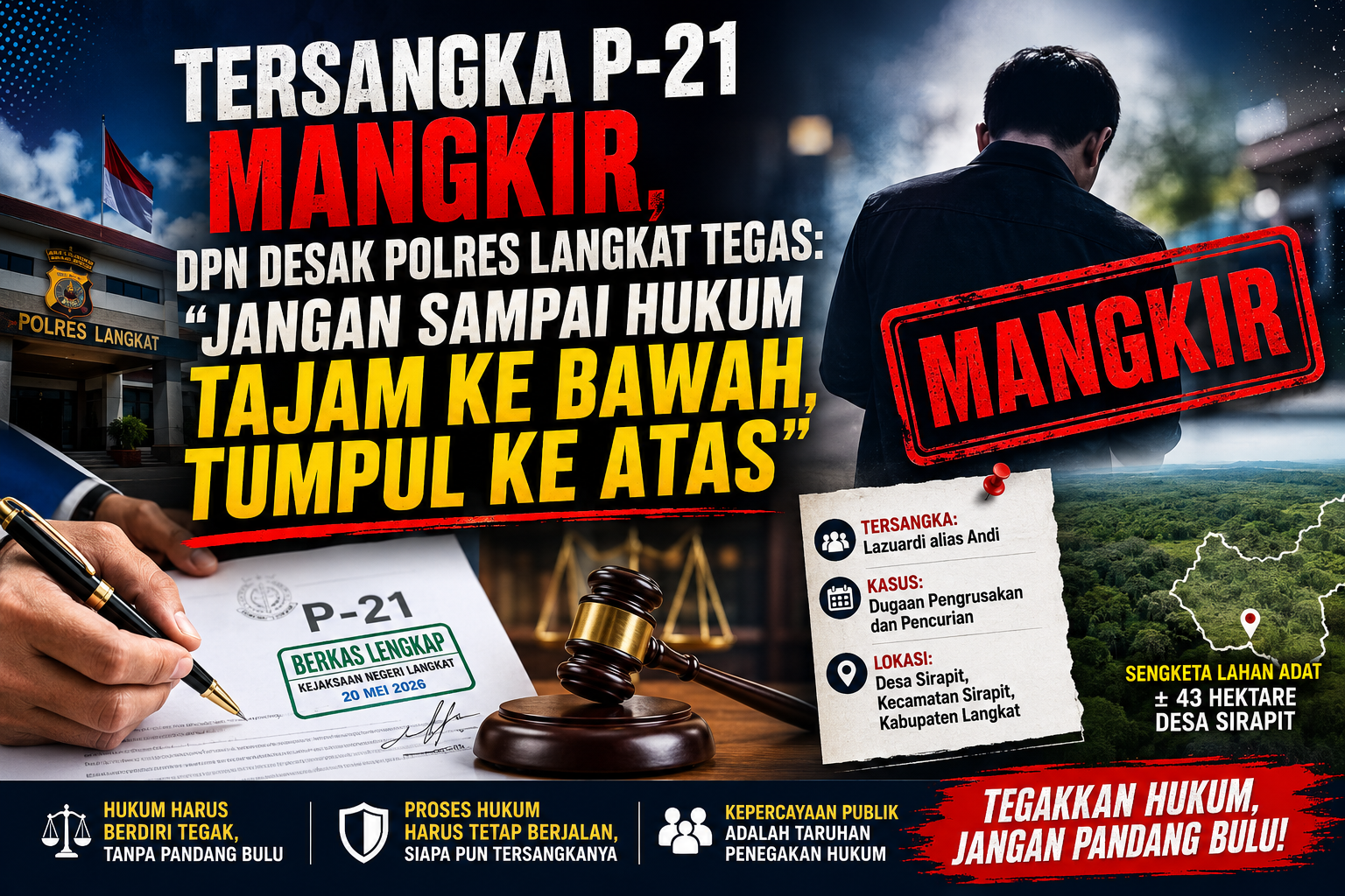TERSANGKA P-21 MANGKIR, DPN DESAK POLRES LANGKAT TEGAS: &QUOT;JANGAN SAMPAI HUKUM TAJAM KE BAWAH, TUMPUL KE ATAS&QUOT;