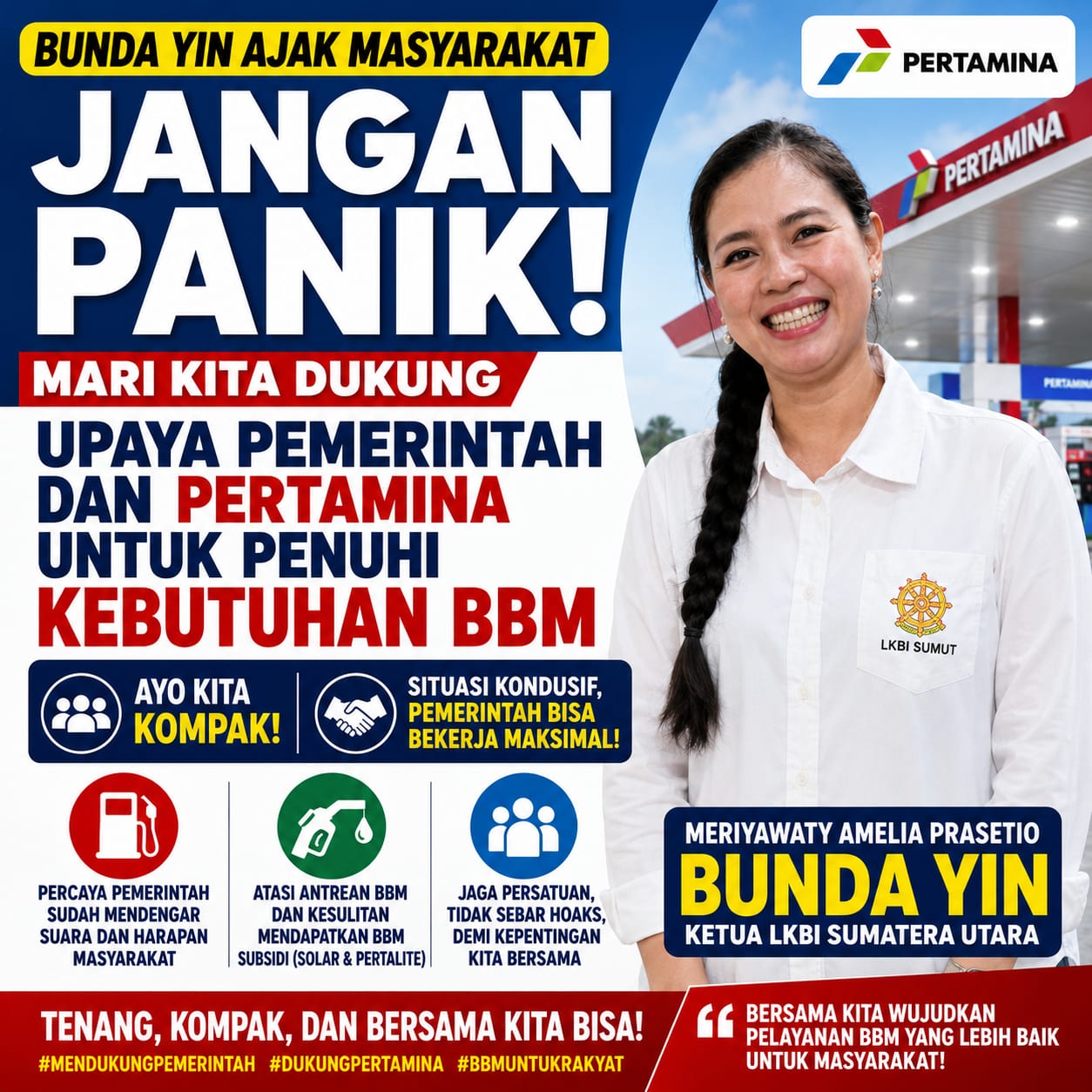 BUNDA YIN AJAK MASYARAKAT JANGAN PANIK, MARI DUKUNG UPAYA PEMERINTAH DAN PERTAMINA PENUHI KEBUTUHAN BBM BUNDA YIN AJAK MASYARAKAT JANGAN PANIK, MARI DUKUNG UPAYA PEMERINTAH DAN PERTAMINA PENUHI KEBUTUHAN BBM