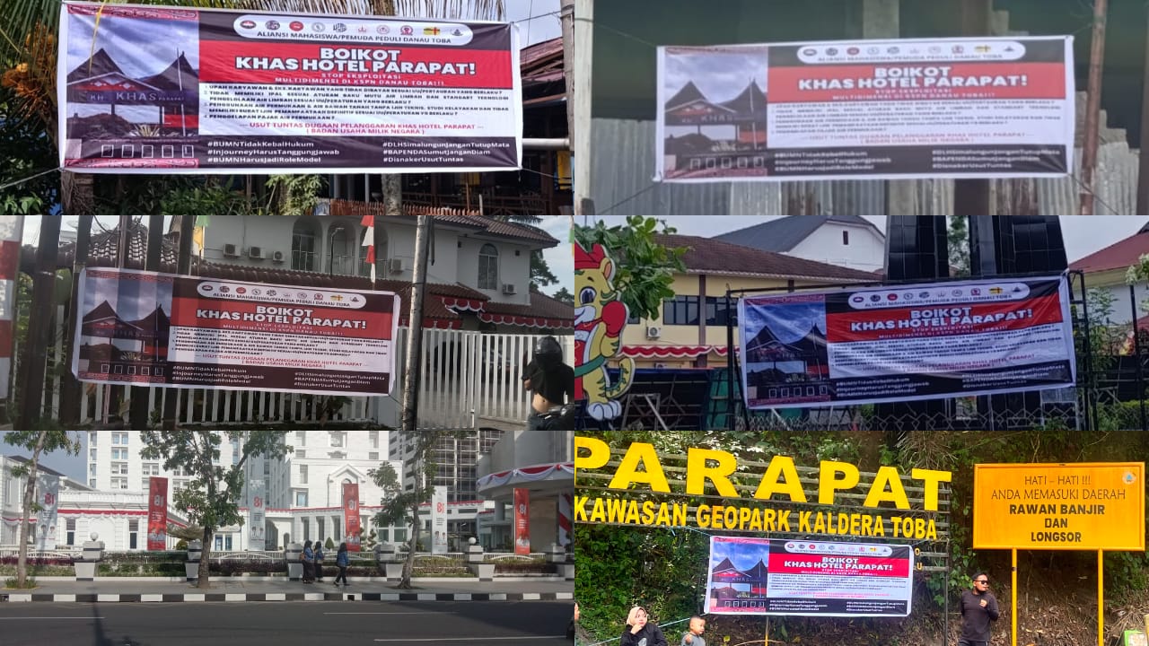 PERINGATI HUT RI KE-81, 1.000 SPANDUK BOIKOT KHAS HOTEL PARAPAT BERTEBARAN DI SUMUT, AMPDT SOROTI DUGAAN PELANGGARAN PAJAK, LIMBAH, DAN HAK BURUH PERINGATI HUT RI KE-81, 1.000 SPANDUK BOIKOT KHAS HOTEL PARAPAT BERTEBARAN DI SUMUT, AMPDT SOROTI DUGAAN PELANGGARAN PAJAK, LIMBAH, DAN HAK BURUH