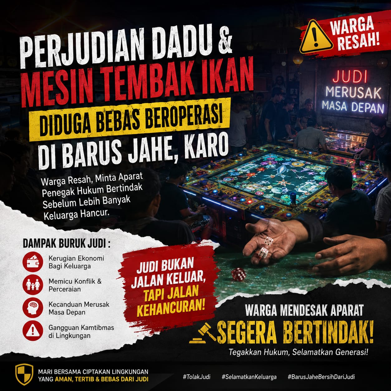 PERJUDIAN DADU DAN MESIN TEMBAK IKAN DIDUGA BEBAS BEROPERASI DI BARUS JAHE, WARGA MINTA APARAT BERTINDAK