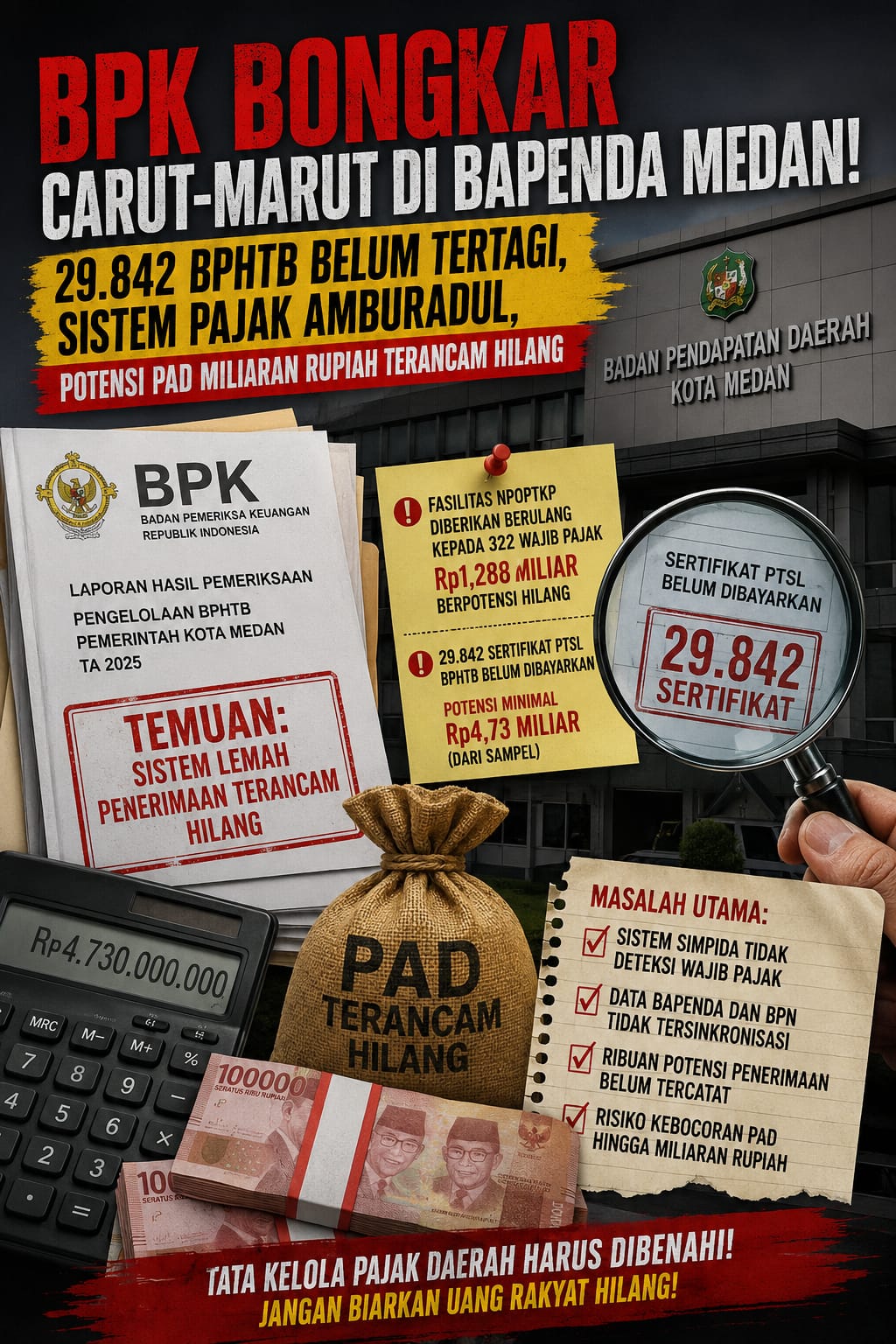 BPK BONGKAR CARUT-MARUT DI BAPENDA MEDAN, 29.842 BPHTB BELUM TERTAGIH, SISTEM PAJAK AMBURADUL, POTENSI PAD MILIARAN RUPIAH TERANCAM HILANG BPK BONGKAR CARUT-MARUT DI BAPENDA MEDAN, 29.842 BPHTB BELUM TERTAGIH, SISTEM PAJAK AMBURADUL, POTENSI PAD MILIARAN RUPIAH TERANCAM HILANG