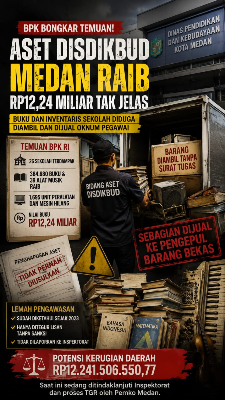 BPK BONGKAR DUGAAN PENJARAHAN ASET DISDIKBUD MEDAN, RP12,24 MILIAR RAIB, BUKU DAN PERALATAN SEKOLAH DIDUGA DIJUAL OKNUM PEGAWAI BPK BONGKAR DUGAAN PENJARAHAN ASET DISDIKBUD MEDAN, RP12,24 MILIAR RAIB, BUKU DAN PERALATAN SEKOLAH DIDUGA DIJUAL OKNUM PEGAWAI