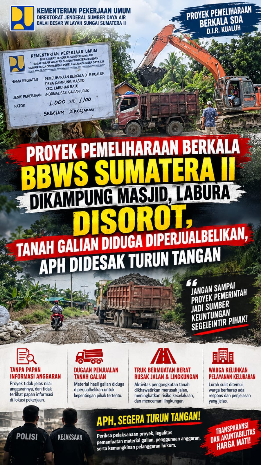 PROYEK PEMELIHARAAN BETKALA BBWS SUMATERA II DIKAMPUNG MASJID, LABURA DISOROT, TANAH GALIAN DIDUGA DIPERJUALBELIKAN, APH DIDESAK TURUN TANGAN PROYEK PEMELIHARAAN BETKALA BBWS SUMATERA II DIKAMPUNG MASJID, LABURA DISOROT, TANAH GALIAN DIDUGA DIPERJUALBELIKAN, APH DIDESAK TURUN TANGAN