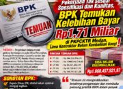PEKERJAAN TAK SESUAI SPESIFIKASI DAN KUALITAS, BPK TEMUKAN KELEBIHAN BAYAR RP1,71 MILIAR DI PKPCKTR MEDAN, LIMA KONTRAKTOR BELUM KEMBALIKAN UANG! PEKERJAAN TAK SESUAI SPESIFIKASI DAN KUALITAS, BPK TEMUKAN KELEBIHAN BAYAR RP1,71 MILIAR DI PKPCKTR MEDAN, LIMA KONTRAKTOR BELUM KEMBALIKAN UANG!