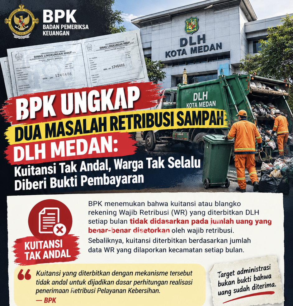 BPK UNGKAP DUA MASALAH RETRIBUSI SAMPAH DLH MEDAN: KUITANSI TAK ANDAL, WARGA TAK SELALU DIBERI BUKTI PEMBAYARAN BPK UNGKAP DUA MASALAH RETRIBUSI SAMPAH DLH MEDAN: KUITANSI TAK ANDAL, WARGA TAK SELALU DIBERI BUKTI PEMBAYARAN